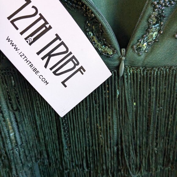 NWT 12th TRIBE Embroidered Mini Dress Small Green Sequins Fringe Flapper Tank - Picture 10 of 14